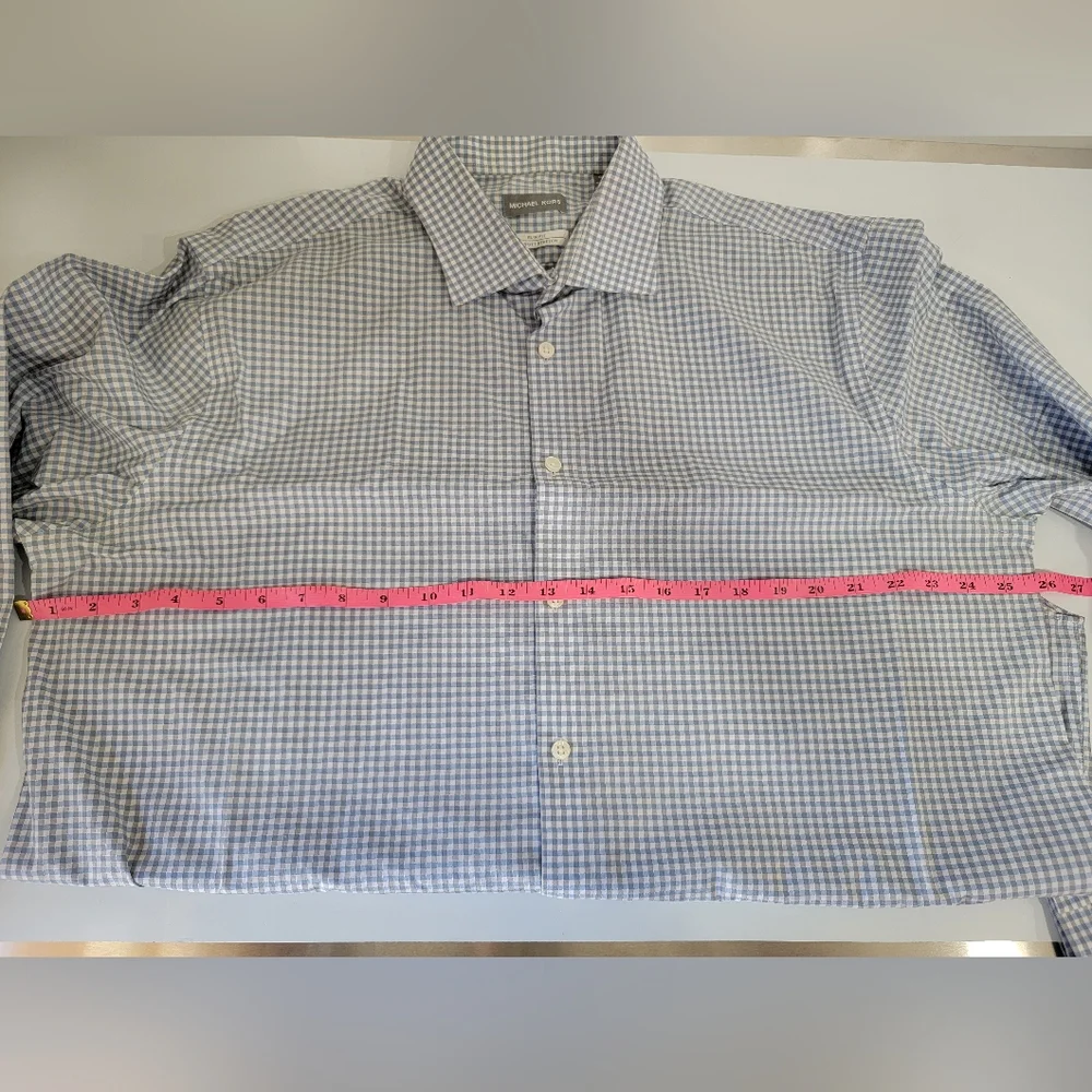 Michael Kors Slim Fit Non Iron Dress Shirt Blue Check XL 17.5 34/35 Stretch